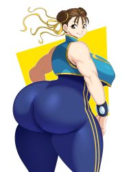 Rule 34 | 1girl, absurdres, ass, bare shoulders, blue bodysuit, bodysuit, bracelet, breasts, brown eyes, brown hair, capcom, chun-li, curvy, double bun, eric lowery, from behind, hair bun, highres, huge ass, huge breasts, jewelry, looking at viewer, looking back, sideboob, smile, solo, street fighter, street fighter zero (series), thick thighs, thighs, wide hips