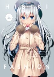 Rule 34 | 1girl, alternate costume, blue eyes, blush, brown cat, casual, character name, closed mouth, cowboy shot, english text, fedora, fur-trimmed sleeves, fur trim, grey background, hair between eyes, hat, hibiki (kancolle), holding, holding letter, kantai collection, letter, lips, long hair, long sleeves, love letter, ntk (7t5), sash, silver hair, simple background, sleeves past wrists, smile, solo, standing, straight hair, translation request, very long hair, white hat