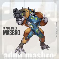Rule 34 | ashmish, beast wars, character name, green eyes, gun, holding, holding gun, holding weapon, looking at viewer, maximal, mecha, no humans, original, robot, science fiction, smile, solo, standing, thumbs up, transformers, watermark, weapon, web address
