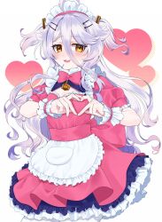 Rule 34 | 1girl, ahoge, apron, bow, breasts, cleavage, cleavage cutout, clothing cutout, cube, dress, gradient hair, grey hair, hair between eyes, hair ornament, hairpin, heart, heart background, heart hands, henya the genius, highres, long bangs, long hair, m 0506, maid, maid apron, maid headdress, multicolored hair, name tag, open mouth, pantyhose, pink bow, purple dress, purple hair, sidelocks, small breasts, smile, solo, two side up, virtual youtuber, vshojo, white pantyhose, white wrist cuffs, wrist cuffs, yellow eyes