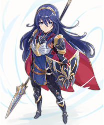 Rule 34 | 1girl, armor, blue eyes, blue hair, breastplate, cape, closed mouth, fire emblem, fire emblem awakening, fire emblem heroes, full body, haru (nakajou-28), highres, holding, holding shield, long hair, lucina (brave princess) (fire emblem), lucina (fire emblem), nintendo, polearm, shield, simple background, solo, tiara, weapon, white background
