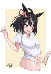 Rule 34 | 1girl, 1other, ahoge, animal ears, black hair, border, breasts, commentary request, crop top, cropped torso, gaze on me! outfit (umamusume), highres, horse ears, horse girl, kajikotetu, kitasan black (umamusume), large breasts, midriff, navel, open mouth, outside border, red eyes, shirt, short hair, short sleeves, simple background, solo focus, stomach, t-shirt, tied shirt, umamusume, upper body, white border, white shirt, yellow background