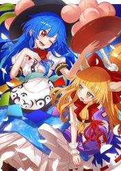 Rule 34 | 1girl, 2girls, apron, belt, black hat, blouse, blue bow, blue hair, blue skirt, bow, bowtie, brown footwear, buttons, cross-laced footwear, dress shirt, fang, food, frills, fruit, fuji tarawi, hat, highres, hinanawi tenshi, horn bow, horn ornament, horn ribbon, horns, ibuki suika, leaf, long hair, low-tied long hair, multiple girls, neck ribbon, oni horns, orange hair, peach, plate, puffy short sleeves, puffy sleeves, purple bow, purple ribbon, purple skirt, rainbow order, red bow, red eyes, ribbon, ribbon-trimmed skirt, ribbon trim, shirt, shoes, short sleeves, sidelocks, skirt, sleeveless, sleeveless shirt, slit pupils, solo, touhou, very long hair, white shirt, wing collar, wrist cuffs, yellow eyes