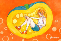 Rule 34 | 1girl, artist name, blue eyes, blue shorts, breasts, full body, gourd, highres, nail polish, open mouth, orange background, orange hair, original, red footwear, red nails, shirt, short shorts, shorts, sitting, small breasts, solo, toeless footwear, traditional media, white shirt, wristband, yamatotsubame