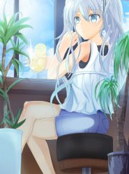 Rule 34 | 1girl, bad id, bad pixiv id, cloud, crossed legs, day, drink, drinking straw, glass, hatsune miku, highres, lemon., long hair, plant, potted plant, shorts, sitting, sky, solo, stool, vocaloid
