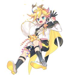 Rule 34 | 1boy, aqua eyes, badge, bass clef, black cape, black gloves, black legwear, black shorts, blonde hair, blouse, bouquet, cape, crown, floral bow, flower, gloves, half gloves, hand tattoo, hand up, headphones, highres, holding, holding bouquet, kagamine len, looking at viewer, male focus, negi (ulog&#039;be), official art, pendant choker, shirt, shorts, smile, solo, speaker, spiked hair, tattoo, transparent background, vocaloid, white shirt, yellow cape, yellow flower