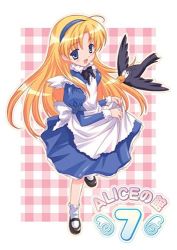 Rule 34 | 1girl, alice (alicesoft), alice (alice in wonderland), alice in wonderland, alice soft, bird, blonde hair, blue eyes, crow, dress, long hair, lowres, mary janes, non-web source, shoes, solo