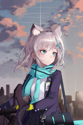Rule 34 | 1girl, absurdres, animal ear fluff, bicycle, black bag, blue archive, blue jacket, blue scarf, building, buttoned cuffs, buttons, closed mouth, cloud, cloudy sky, commentary, cross, cross hair ornament, ddungddang, extra ears, gloves, grey hair, hair ornament, highres, inverted cross, jacket, long sleeves, looking afar, open clothes, open jacket, outdoors, plaid, plaid skirt, pleated skirt, scarf, shiroko (blue archive), shirt, skirt, sky, solo, standing, upper body, white shirt, yellow gloves