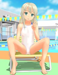 Rule 34 | 1girl, absurdres, asics, barefoot, blonde hair, blue sky, blurry, chair, cloud, competition swimsuit, day, depth of field, flat chest, full body, grecale (kancolle), green eyes, head tilt, highres, kantai collection, long hair, looking at viewer, lounge chair, one-piece swimsuit, outdoors, pool, sitting, sky, solo, spread legs, string of flags, swimsuit, takafumi, tongue, tongue out, v, wavy hair, white one-piece swimsuit