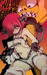 Rule 34 | 1girl, a.b.a, absurdres, bandaged leg, bandages, black gloves, blush, breasts, collarbone, commentary, english commentary, fingerless gloves, gloves, green eyes, guilty gear, guilty gear xx, hair over one eye, highres, looking at viewer, medium breasts, navel, red hair, short hair, slugbox, stomach, sweat, thighs
