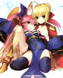 Rule 34 | 2girls, animal ears, blonde hair, breasts, dress, fate/extra, fate (series), fox ears, fox girl, fox tail, green eyes, hair ribbon, highres, japanese clothes, medium breasts, multiple girls, nero claudius (fate), nero claudius (fate), nero claudius (fate/extra), official art, official wallpaper, pink hair, ribbon, scan, tail, tamamo (fate), tamamo no mae (fate/extra), thighhighs, wada arco, wallpaper, yellow eyes, zettai ryouiki