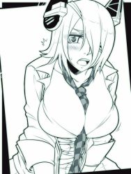 Rule 34 | 10s, 1girl, between breasts, blush, bra, breasts, checkered clothes, checkered necktie, checkered neckwear, commentary request, eyepatch, greyscale, hair over one eye, headgear, kantai collection, large breasts, leaning forward, long sleeves, looking at viewer, monochrome, necktie, necktie between breasts, neko majin, open clothes, open mouth, open shirt, shirt, short hair, solo, surprised, sweatdrop, tenryuu (kancolle), underwear, upper body, white background