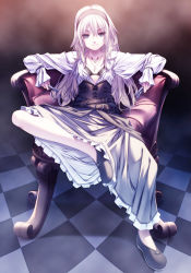 Rule 34 | 1girl, belt, blonde hair, blue eyes, bra, chair, checkered floor, feet on chair, flat chest, floor, full body, hairband, jewelry, knife, light smile, long hair, multiple belts, necklace, original, outstretched arms, rezi, sitting, smile, solo, spread arms, triple wielding, underwear