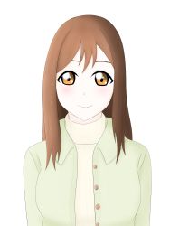 Rule 34 | 10s, 1girl, absurdres, artist name, blush, brown hair, closed mouth, female focus, green jacket, highres, jacket, kunikida hanamaru, long hair, looking at viewer, love live!, love live! sunshine!!, open clothes, open jacket, shirt, smile, solo, white background, white shirt, yagichan1203, yellow eyes