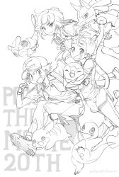 Rule 34 | 1girl, 2boys, anniversary, ash ketchum, backpack, bag, baseball cap, caterpie, charmander, creatures (company), flame-tipped tail, game freak, gen 1 pokemon, gen 4 pokemon, greyscale, hat, jacket, pantyhose under shorts, looking at viewer, lucario, melso, monochrome, multiple boys, nintendo, pantyhose, pikachu, piplup, pokemon, pokemon (anime), pokemon (creature), pokemon the movie: i choose you!, shirt, shorts, simple background, smile, sorrel (pokemon), t-shirt, twitter username, verity (pokemon), white background