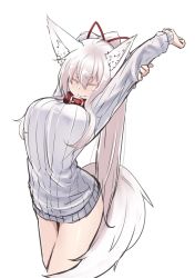 Rule 34 | 1girl, animal ears, arms up, breasts, collar, cropped legs, closed eyes, fox ears, fox tail, hair ribbon, highres, large breasts, long hair, long sleeves, original, ponytail, ribbed sweater, ribbon, sakura inu, simple background, sketch, solo, stretching, sweater, tail, very long hair, white background, white hair, white sweater