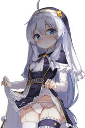 Rule 34 | 1girl, ahoge, asymmetrical legwear, black jacket, blue eyes, blush, bow, bridal garter, bridal gauntlets, closed mouth, clothes lift, collared shirt, commentary request, darnell, frills, garter belt, hair between eyes, high-waist skirt, highres, jacket, lifted by self, long hair, looking at viewer, open clothes, open jacket, panties, pleated skirt, shirt, silver hair, simple background, single thighhigh, skirt, skirt lift, solo, soulworker, stella unibell, thighhighs, underwear, uneven legwear, veil, very long hair, white background, white bow, white garter belt, white panties, white shirt, white skirt, white thighhighs