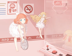 Rule 34 | 2girls, :d, bare arms, bare shoulders, barefoot, blonde hair, blue eyes, blush, bow, braid, brown hair, coin, collarbone, crane game, dress, emia wang, fairy, flying, frilled dress, frills, hair bow, highres, holding, holding money, indoors, long hair, mini person, minigirl, money, multiple girls, no smoking, open mouth, original, parted lips, pointing, pointy ears, reflection, short sleeves, side braid, sleeveless, sleeveless dress, smile, stuffed animal, stuffed rabbit, stuffed toy, toenails, twin braids, very long hair, wavy hair, white bow