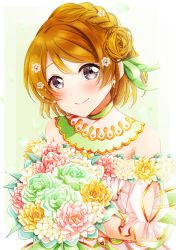 Rule 34 | 1girl, absurdres, alternate hairstyle, artist name, artist request, bare shoulders, blush, bouquet, bow, braid, breasts, brown hair, choker, close-up, dress, earrings, female focus, flower, flower dress, frilled dress, frills, green bow, green ribbon, hair between eyes, hair bow, hair bun, hair flower, hair ornament, highres, holding, holding bouquet, jewelry, koizumi hanayo, looking at viewer, love live!, love live! school idol festival, love live! school idol project, medium breasts, nota (nota i30), nota i30, parted lips, plaid, plaid dress, pleated, pleated dress, puffy short sleeves, puffy sleeves, purple eyes, ribbon, see-through, see-through sleeves, short hair, short sleeves, side braid, side bun, single hair bun, smile, solo, upper body, white background, white dress, white flower