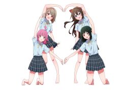 4girls :d :o ahoge barefoot blue_eyes blue_shirt blunt_bangs blush bob_cut bow breasts brown_hair collared_shirt commentary_request dress_shirt green_hair grey_skirt hair_between_eyes hair_bow heart_arms heart_arms_quartet highres inverted_bob kishimen_hair kneeling long_hair looking_at_viewer love_live! love_live!_nijigasaki_high_school_idol_club medium_breasts medium_hair mifune_shioriko miniskirt multiple_girls nakasu_kasumi neck_ribbon nijigasaki_school_uniform no_jacket no_vest open_mouth osaka_shizuku pink_hair plaid_clothes plaid_skirt pleated_skirt red_bow red_eyes ribbon school_uniform shirt short_hair short_sleeves sidelocks simple_background skirt smile standing summer_uniform swept_bangs taiyakippassion tennoji_rina white_background yellow_eyes yellow_ribbon