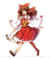 Rule 34 | 1girl, blouse, blue background, brown eyes, brown hair, female focus, gohei, hakurei reimu, lowres, md5 mismatch, momiji mao, red shirt, ribbon-trimmed skirt, ribbon trim, shirt, simple background, sleeveless, sleeveless shirt, socks, solo, touhou, undefined fantastic object, white background