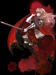 Rule 34 | 1girl, armor, black background, blonde hair, cape, earrings, fire emblem, fire emblem: genealogy of the holy war, floral background, flower, full body, gloves, high heels, highres, holding, holding sword, holding weapon, jewelry, lachesis (fire emblem), nintendo, rose, skirt, solo, standing, standing on one leg, sword, tempenite, weapon