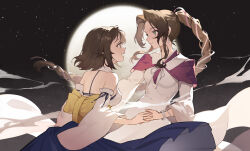 Rule 34 | 2girls, absurdres, aerith gainsborough, aerith gainsborough (floral gown), back bow, blue skirt, bow, braid, braided ponytail, detached sleeves, dress, eye contact, final fantasy, final fantasy vii, final fantasy vii ever crisis, final fantasy x, full moon, hakama, hakama skirt, highres, holding hands, in-franchise crossover, japanese clothes, lilith-lily, long skirt, looking at another, moon, multiple girls, night, obi, official alternate costume, sash, short hair, skirt, smile, star (sky), yuna (ff10)