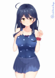 Rule 34 | 1girl, ahoge, black hair, blue one-piece swimsuit, blue skirt, breasts, brown eyes, casual one-piece swimsuit, collarbone, cowboy shot, gradient background, hair between eyes, highres, kantai collection, lips, long hair, looking at viewer, medium breasts, ochikata kage, one-piece swimsuit, polka dot, polka dot swimsuit, red scrunchie, ribbon, school uniform, scrunchie, serafuku, simple background, skirt, smile, solo, swimsuit, twitter username, ushio (kancolle), white background