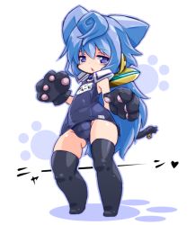 Rule 34 | 10s, 1boy, animal hands, black thighhighs, blue eyes, blue hair, blush, cat tail, full body, gloves, hacka doll, hacka doll 3, karukan (monjya), long hair, male focus, matching hair/eyes, md5 mismatch, one-piece swimsuit, paw gloves, school swimsuit, solo, standing, swimsuit, tail, thighhighs, trap