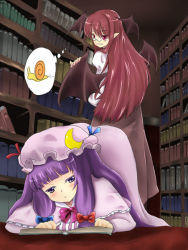 Rule 34 | 2girls, :&lt;, all fours, bat wings, bespectacled, book, female focus, glasses, head wings, indoors, koakuma, multiple girls, patchouli knowledge, snail, standing, embodiment of scarlet devil, touhou, wings