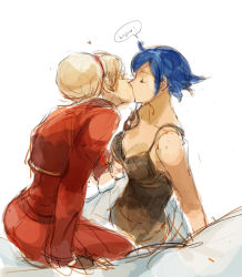 Rule 34 | 1boy, 1girl, ash crimson, blonde hair, blue hair, breasts, cleavage, couple, elisabeth blanctorche, closed eyes, french text, hairband, hetero, kiss, large breasts, muse (rainforest), pants, red pants, short hair, sketch, the king of fighters