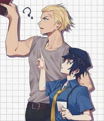 Rule 34 | 1boy, 1girl, ?, blonde hair, blue hair, blue headwear, blue shirt, breasts, collared shirt, ear piercing, elulit2, from side, grey shirt, hat, holding, large breasts, necktie, nose piercing, open mouth, pants, parted lips, persona, persona 4, piercing, scar, scar on face, scar on forehead, shirogane naoto, shirt, short hair, suspenders, tatsumi kanji, yellow necktie