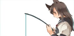 Rule 34 | 1girl, animal ears, brooch, brown eyes, brown hair, fishing, fishing rod, imaizumi kagerou, jewelry, layered clothes, layered sleeves, long hair, long sleeves, no mouth, profile, short over long sleeves, short sleeves, shukinuko, simple background, solo, touhou, white background, wolf ears