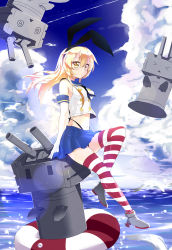 Rule 34 | 10s, 1girl, :3, @ @, absurdres, anchor, black panties, blonde hair, blush, caibao return, elbow gloves, gloves, hair ornament, hairband, highres, kantai collection, lifebuoy, long hair, looking at viewer, navel, panties, pantyshot, personification, puff of air, rensouhou-chan, shimakaze (kancolle), skirt, socks, solo, striped clothes, striped socks, striped thighhighs, swim ring, thighhighs, underwear, upskirt, white gloves, x&lt;, | |