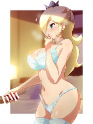 Rule 34 | 1boy, 1girl, bare shoulders, bed, bedroom, blonde hair, blue eyes, blurry, blurry background, border, bra, breasts, censored, cowboy shot, crown, earrings, from side, hair over one eye, handjob, highres, indoors, jewelry, konpeto, large breasts, long hair, mario (series), navel, nintendo, open mouth, panties, penis, rosalina, standing, star (symbol), star earrings, steam, super mario galaxy, thighhighs, tongue, tongue out, underwear, underwear only, white border, white bra, white panties, white thighhighs