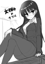 Rule 34 | 1girl, absurdres, alternate costume, aria (koiiroharemoyou), arm support, black hair, black jacket, black pantyhose, blush, breasts, cafe stella to shinigami no chou, collared shirt, crossed legs, desk, eyelashes, eyes visible through hair, feet out of frame, from below, glasses, hair between eyes, hand on own knee, head tilt, highres, jacket, long hair, long sleeves, looking at viewer, medium breasts, mole, mole under eye, monochrome, office lady, on desk, pantyhose, parted lips, shiki natsume, shirt, simple background, sitting, on desk, sketch, solo, straight hair, thighband pantyhose, translation request, v-shaped eyebrows, very long hair, white shirt