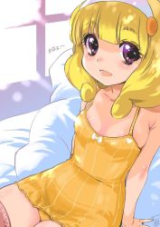 Rule 34 | 10s, 1girl, blonde hair, chemise, dated, dress, flat chest, hairband, inoue sora, kise yayoi, long hair, no bra, on bed, panties, precure, purple eyes, sitting, smile precure!, solo, thighhighs, underwear, white hairband, yellow panties