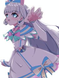 Rule 34 | 1girl, absurdres, aqua bow, blue bow, blue choker, blue eyes, blush, bow, brooch, choker, claw pose, commentary, cure nyammy, dress, dress bow, earrings, eyelashes, gloves, grey hair, hair bow, hair ornament, half gloves, heart, heart brooch, highres, jewelry, looking at viewer, magical girl, nekoyashiki yuki, nuanko, off-shoulder dress, off shoulder, open mouth, pouch, precure, simple background, slit pupils, solo, standing, white background, white dress, white gloves, wonderful precure!