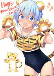 Rule 34 | 1boy, 2022, absurdres, animal ears, animal hands, blue eyes, blue hair, blush, chinese zodiac, claw pose, cropped hoodie, drawstring, fang, gao, gloves, happy new year, highres, hood, hood down, hoodie, male focus, new year, one-piece swimsuit, open mouth, original, paw gloves, short sleeves, simple background, solo, swimsuit, tail, thighhighs, tiger, tiger boy, tiger ears, tiger tail, trap, uro (urotanc), white background, year of the tiger