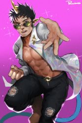 Rule 34 | 1boy, abs, artist name, bara, bare pectorals, black hair, black pants, boots, clenched hand, collared shirt, earrings, eyes visible through eyewear, highres, horns, idol, jewelry, large pectorals, looking at viewer, male focus, muscular, muscular male, open clothes, open mouth, open shirt, original, outstretched arm, pants, pectorals, pointy ears, powerlesssong, reaching, shirt, short hair, sideburns, single horn, solo, sunglasses, torn clothes, torn pants, white shirt