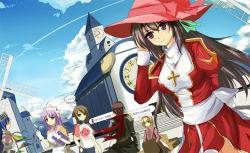 Rule 34 | 2boys, 4girls, :3, ahoge, apron, armor, assassin cross (ragnarok online), black cape, black hair, black shirt, blonde hair, blue hair, bow, box, breastplate, breasts, brown dress, brown eyes, brown hair, cape, chinese commentary, clipboard, clock, clock tower, closed mouth, clothes writing, cloud, commentary request, cowboy shot, dress, gloves, green eyes, hair between eyes, hairband, hand in own hair, hat, hat bow, headphones, helmet, high priest (ragnarok online), holding, holding clipboard, in-universe location, juliet sleeves, kafra uniform, kneeling, long hair, long sleeves, looking at another, looking at viewer, looking to the side, lord knight (ragnarok online), maid headdress, medium breasts, merchant (ragnarok online), multiple boys, multiple girls, open mouth, pauldrons, pavianne (ragnarok online), pink bow, pink headwear, poring, puffy short sleeves, puffy sleeves, purple eyes, purple hair, raglan sleeves, ragnarok online, red dress, red hairband, red scarf, roman numeral, sash, scarf, scenery, shaded face, shirt, short hair, short sleeves, shoulder armor, sky, stairs, standing, t-shirt, tianyu jifeng, torn cape, torn clothes, torn scarf, tower, two-tone dress, umbrella, upper body, waist cape, white apron, white bow, white dress, white gloves, white sash, white shirt, windmill, witch hat