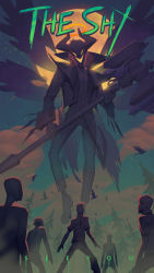 Rule 34 | 6+others, animal, artist name, axe, bird, bow, bowtie, dress shirt, evil grin, evil smile, forest, from behind, full moon, giant, glowing, glowing eyes, glowing mouth, grin, halo, highres, holding, holding axe, holding weapon, horns, jacket, league of legends, long sleeves, moon, multiple others, nature, night, open clothes, open jacket, outdoors, pants, see you, shirt, shoes, sky, smile, star (sky), starry sky, tailcoat, torn clothes, torn jacket, tree, weapon, wings