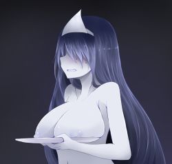 Rule 34 | 1girl, arano oki, black hair, blush, breast rest, breasts, carried breast rest, carrying, female focus, gradient background, hair over eyes, large breasts, long hair, nipples, nude, okiku (banchou sarayashiki), open mouth, pale skin, solo, touhou, triangular headpiece