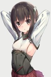 Rule 34 | 10s, 1girl, arms behind head, blush, breasts, brown eyes, brown hair, grey background, highres, kantai collection, karumayu, looking at viewer, open mouth, pleated skirt, red skirt, short hair, sideboob, simple background, skirt, small breasts, solo, taihou (kancolle)