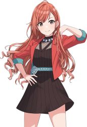 Rule 34 | 1girl, arisugawa natsuha, black dress, black eyes, closed mouth, curly hair, dress, earrings, idolmaster, idolmaster shiny colors, jacket, jewelry, long hair, looking at viewer, necklace, official art, red hair, red jacket, see-through, short dress, solo, transparent background