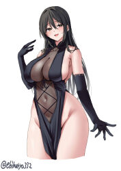 Rule 34 | 1girl, alternate costume, bare shoulders, black dress, black gloves, black hair, blush, breasts, brown eyes, chikuma (kancolle), commentary request, covered collarbone, covered navel, cropped legs, dress, ebifurya, elbow gloves, gloves, groin, hair between eyes, hand up, highres, kantai collection, large breasts, long hair, looking at viewer, one-hour drawing challenge, open mouth, pelvic curtain, see-through, sideboob, sidelocks, simple background, sleeveless, sleeveless dress, smile, solo, thighs, twitter username, white background, wide hips
