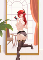 Rule 34 | 1girl, absurdres, arknights, back, black panties, breasts, camera, closed mouth, curtains, female pov, from behind, full body, garter belt, heart, heart-shaped pupils, highres, holding, holding camera, horns, indoors, kneeling, large breasts, long hair, looking at viewer, looking back, mirror, no shoes, panties, pasties, plant, potted plant, pov, purple eyes, red hair, reflection, selfie, slu w, smile, surtr (arknights), symbol-shaped pupils, topless, underwear, underwear only, window, wooden floor