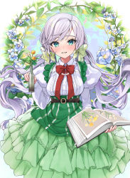 Rule 34 | 1girl, absurdres, aqua eyes, bead necklace, beads, belt, black belt, blush, book, bow, bowtie, branch, center frills, collared shirt, dress, eyelashes, floating hair, flower, frilled dress, frills, green bow, green dress, grey hair, hair bow, hair ornament, hand up, highres, holding, holding book, holding vase, jewelry, juliet sleeves, leaf, long hair, long sleeves, looking at viewer, low twintails, necklace, o-ring, o-ring belt, open book, original, parted lips, pinafore dress, plant, puffy sleeves, red bow, red bowtie, revision, shirt, shirt tucked in, sidelocks, sleeveless dress, smile, solo, standing, swept bangs, tate yukimi, teeth, twintails, vase, very long hair, white flower, white shirt, wing collar, yellow flower