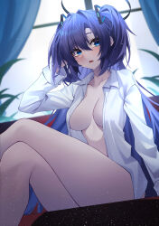 Rule 34 | 1girl, absurdres, blue archive, blue eyes, blush, breasts, collared shirt, crossed legs, curtains, feet out of frame, hidel, highres, long hair, long sleeves, medium breasts, open clothes, open mouth, open shirt, purple hair, shirt, sitting, solo, two side up, white shirt, window, yuuka (blue archive)