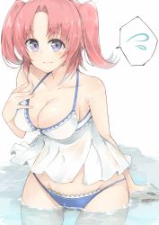 Rule 34 | 1girl, bare shoulders, blush, breasts, cleavage, cole (coleltu), looking at viewer, medium breasts, mikakunin de shinkoukei, pink hair, purple eyes, short hair, simple background, solo, swimsuit, thigh gap, twintails, two side up, wading, yonomori kobeni